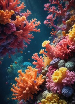 Colorful coral and tunicates growing together, marine life, crustacean, tunicate colony