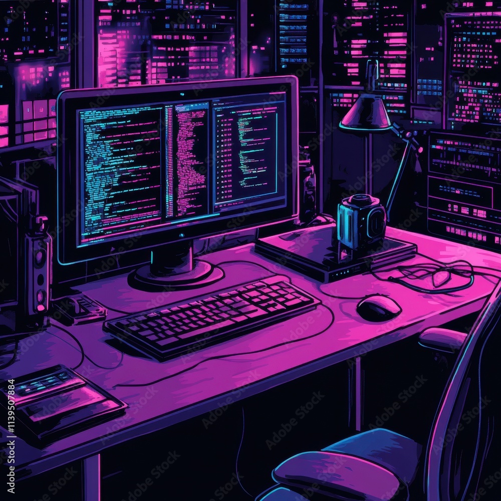 Poster a glowing workstation featuring a desktop computer with vibrant code, set in a neon-lit urban enviro