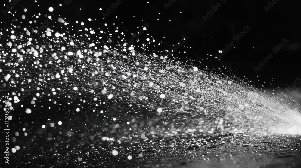 Poster a forceful spray of liquid creating intricate patterns of droplets suspended mid-air in sharp focus.