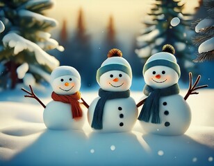 Close-up of a cute group of snowmen on snow field with pine trees