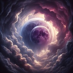 299 Twin Moons in a Stormy Sky Two moons one a deep purple and t