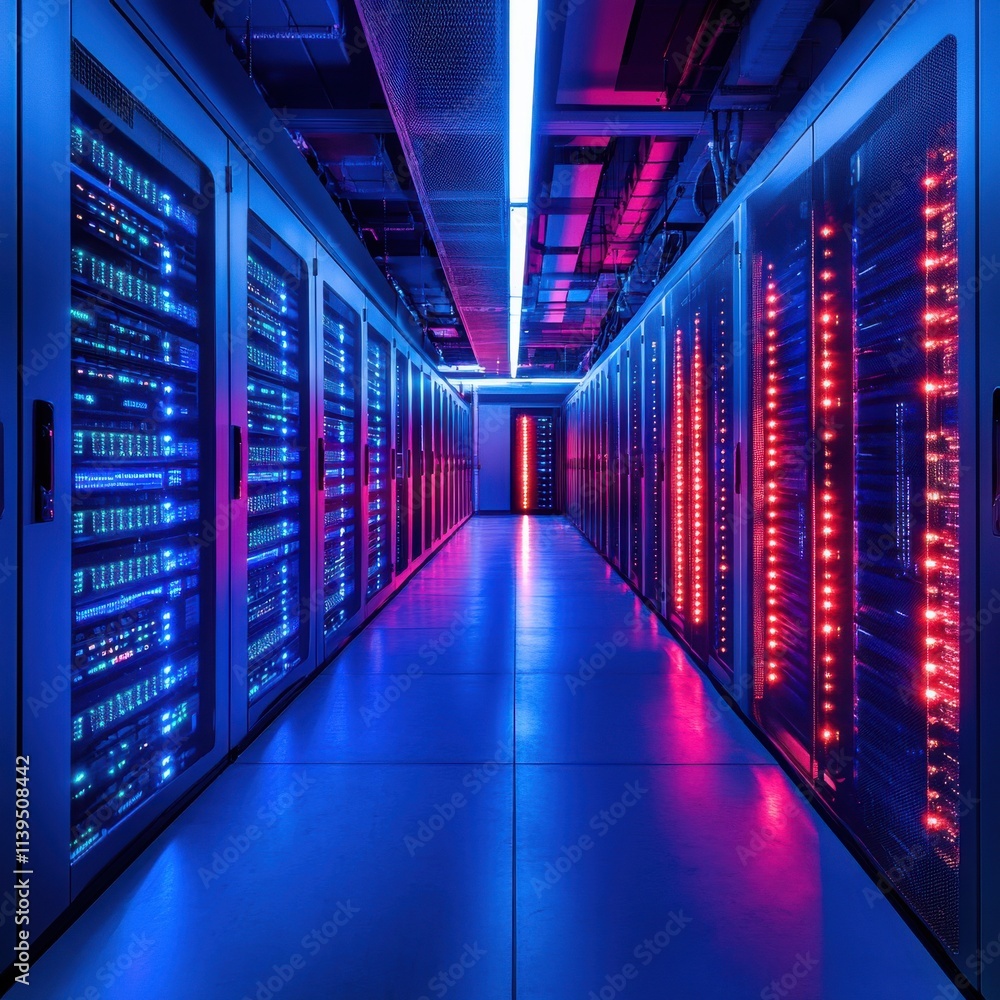 Poster a modern data center corridor illuminated with vibrant blue and red lights, showcasing rows of serve