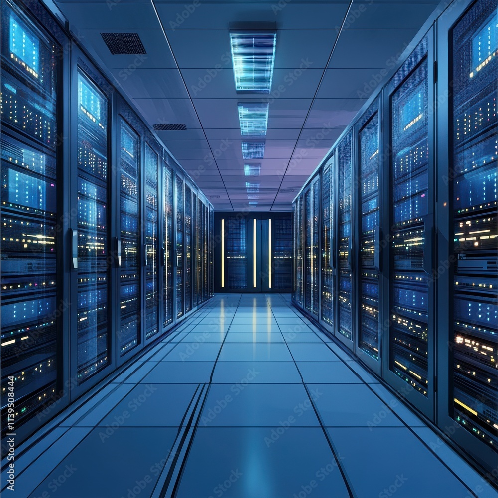 Poster a sleek data center corridor illuminated in blue, showcasing rows of server racks for optimal techno