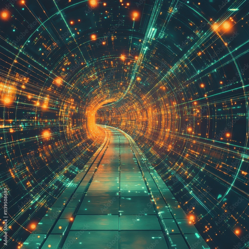Poster a vibrant, futuristic tunnel glowing with orange and teal lights, creating a dynamic illusion of mot