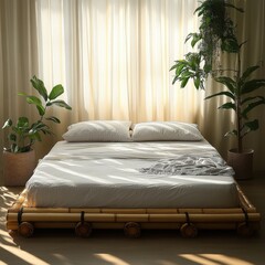 A serene, minimalist bedroom featuring a bamboo bed, white bedding, and lush green plants basking in natural light.