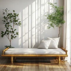 A serene, minimalist living space featuring a bamboo daybed with soft pillows, surrounded by greenery and natural light.