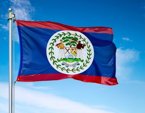 Belize flag waving in the wind against a blue sky background 