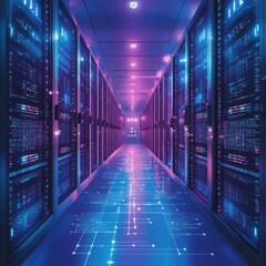 Fototapeta premium Futuristic data center hallway with vibrant blue and purple lights illuminating rows of servers.