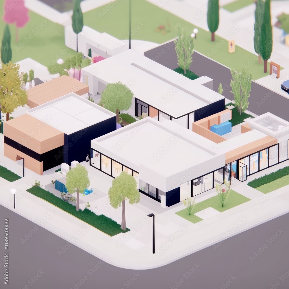 Poster modern architectural design of a suburban building complex