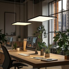 Fototapeta premium Modern office workspace featuring sleek decor with plants, bright lighting, and dual monitors displaying city views.