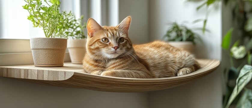 A relaxed orange tabby cat lies on a wooden shelf surrounded by various potted plants - Powered by Adobe
