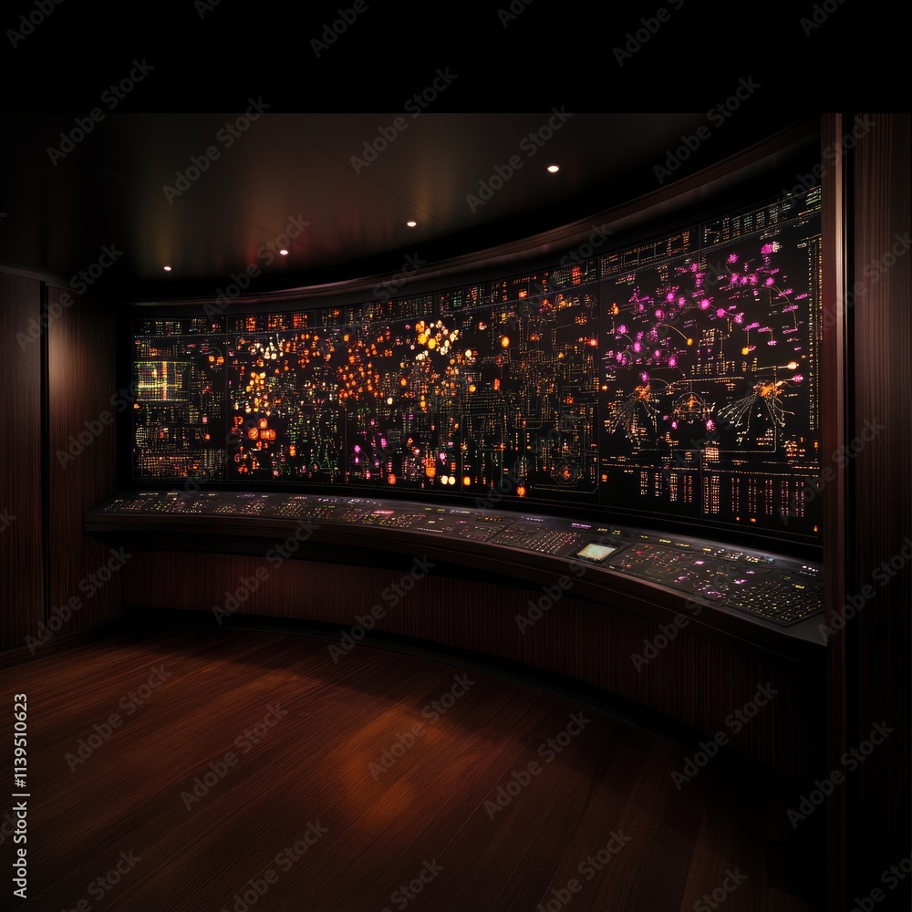 Poster modern control room with illuminated data visualization system
