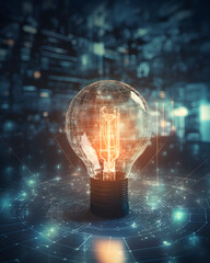 Obraz premium A glowing light bulb with a wireframe effect, sits above a network-like design on the background of a content creation website, indicating successful submission.