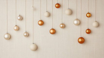 Elegant Christmas ornaments in gold, white, and beige hang gracefully against textured background, creating festive and warm atmosphere for holiday season