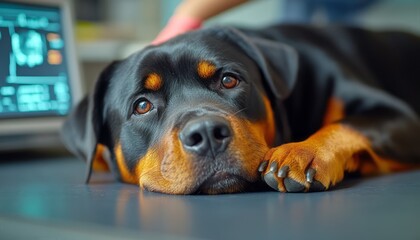 Fototapeta premium Rottweiler lies calmly at veterinary clinic receiving gentle care from staff