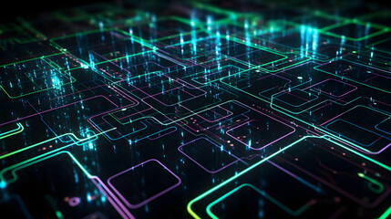 Obraz premium A complex network of glowing, colorful lines and shapes, like a circuit board or digital landscape.