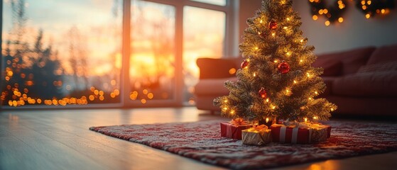 Decorated Christmas tree with lights and gifts in a warm living room during golden sunset