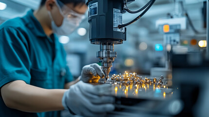 A skilled technician operates precision milling machine, focusing intently on intricate metalwork. workshop is filled with bright lights and sense of innovation