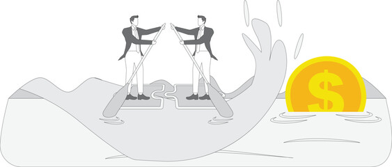 The concept of finding a solution or completing the final puzzle, attracting business or finding partners, two businessmen standing on the puzzle and paddling to find the missing pieces of the puzzle