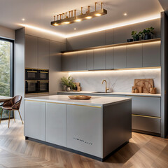 The image depicts a modern kitchen with a minimalist design, featuring a gray and gold color scheme. The kitchen includes an island with a white countertop, a sink, and a hanging light fixture above. 