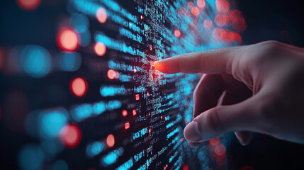 Obraz premium A hand reaching out to touch digital interface filled with glowing data streams, symbolizing technology and innovation. vibrant colors create sense of excitement and curiosity