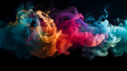 A vibrant stream of multicolored smoke against a black background, this abstract graphic is tagged with words such as "vibrantdesign" and "captivating".