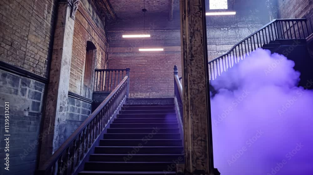Poster mysterious staircase illuminated by soft light and enveloped in purple fog at an old building