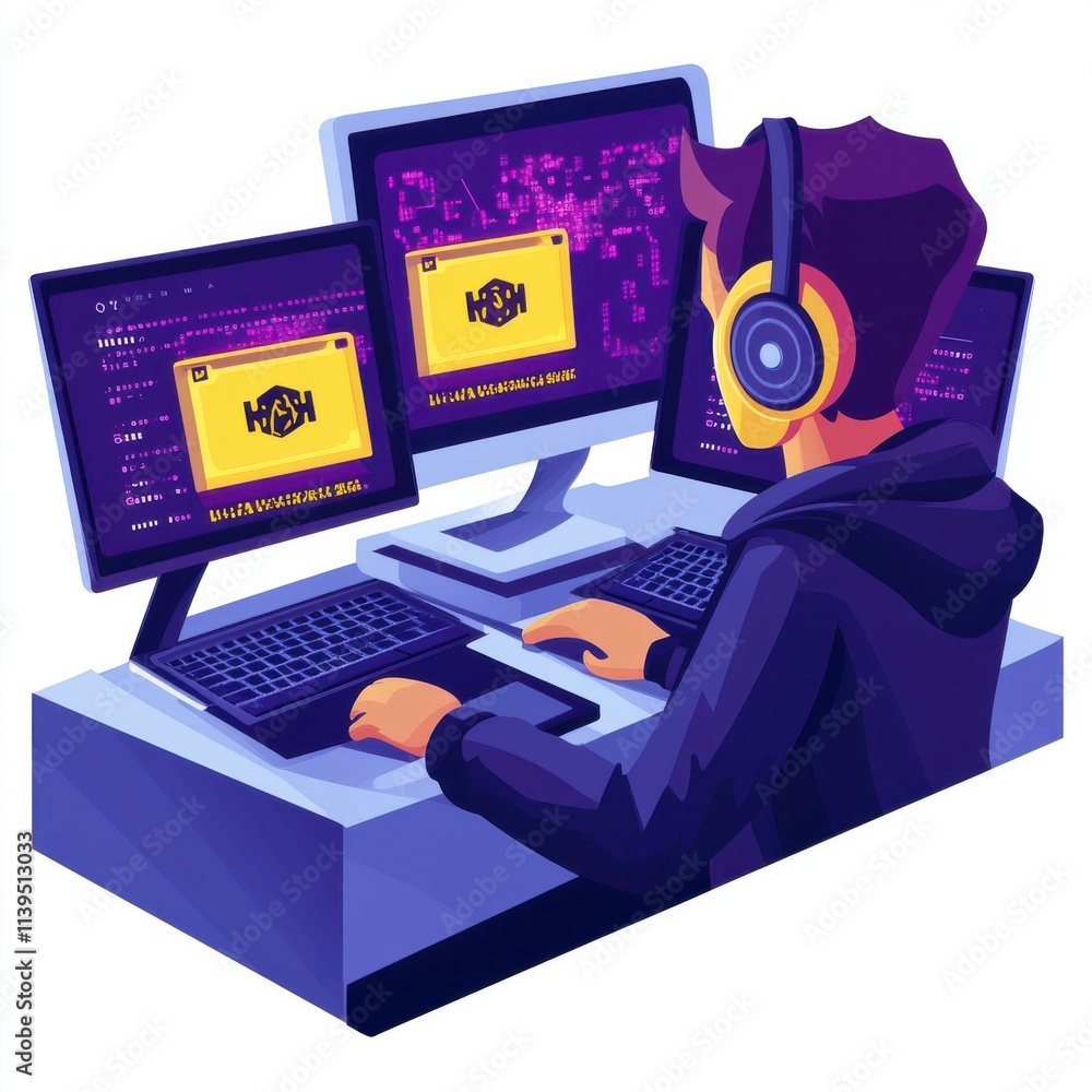 Poster a focused young male hacker with headphones, working at a multi-screen setup displaying code and dig