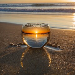 A mirror cup reflecting the sunset, floating inside the body of a sleek, shimmering fish, as it swims past a golden, sandy beach.