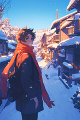 A young person in a snowy village, wearing a red scarf, surrounded by winter scenery.