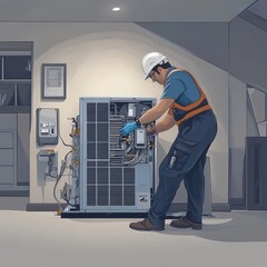 A male technician repairs an HVAC system, wearing safety gear and focused on his work in a well-lit indoor environment.