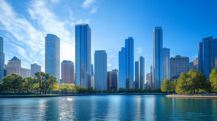 Obraz premium Daytime image where the clear blue sky contrasts with the dark lines and reflections of the skyscrapers, highlighting clarity and modernity.