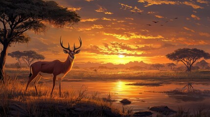 A serene landscape at sunset featuring a deer near a tranquil water body.