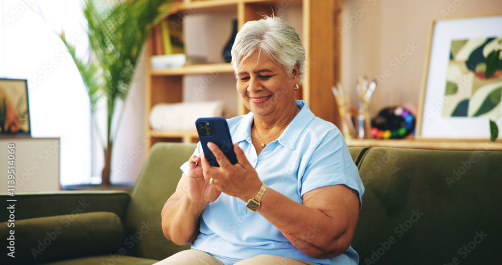 Poster senior woman, happy and texting on sofa in home with chat, contact or scroll with connection on web.