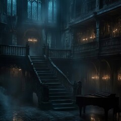 Obraz premium Mysterious Grand Staircase in a Foggy Old Mansion