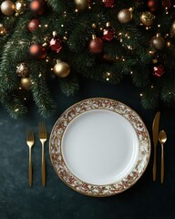 Elegant dining setup with a gold-accented plate amidst Christmas decorations.
