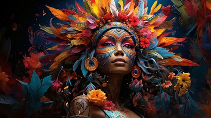 Carnival entertainer from Notting Hill. Close-up of a young woman's face. Generate AI.