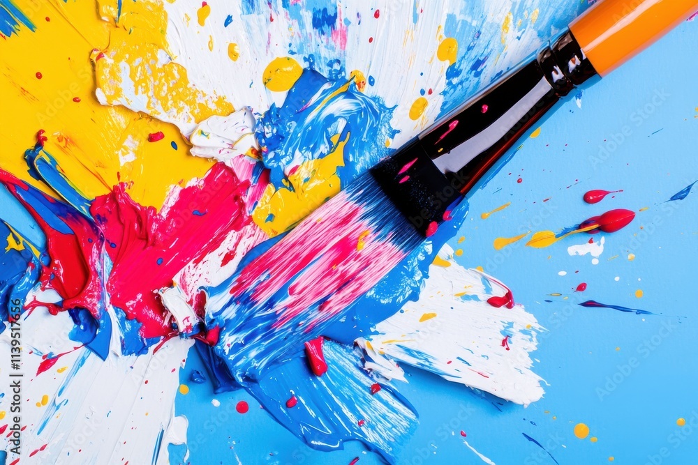 Poster a vibrant array of colors splattered on canvas with a paintbrush, showcasing an artistic explosion o