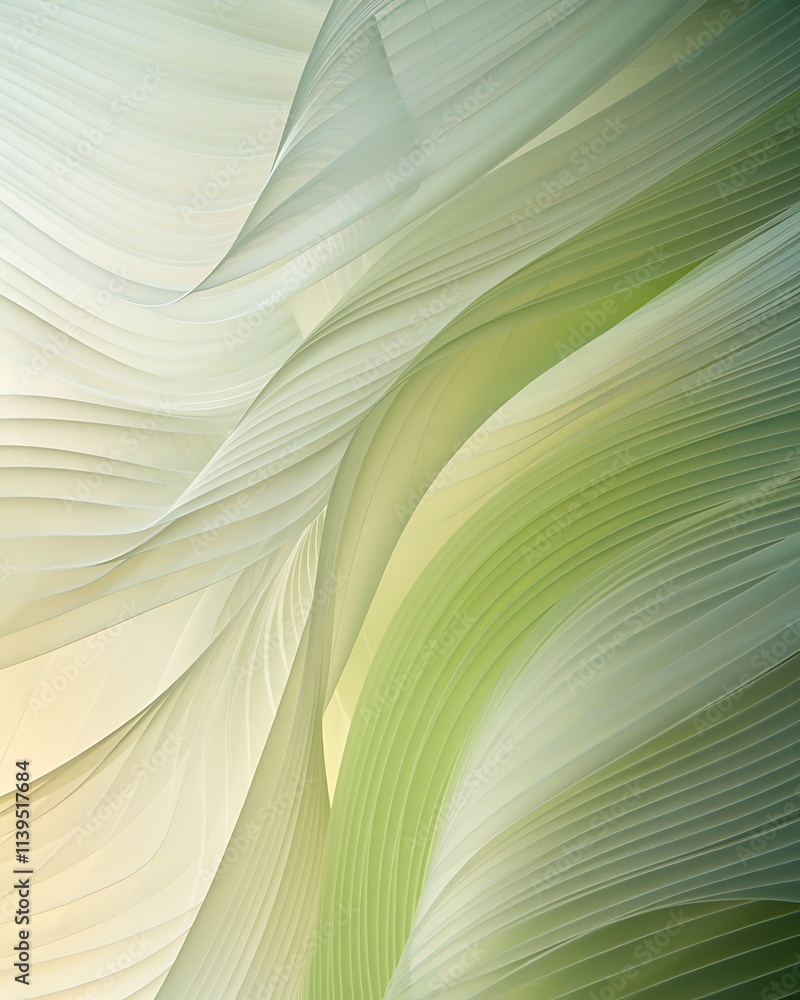 Aufkleber abstract digital art with a green and white gradient background, featuring dynamic wave-like curved 