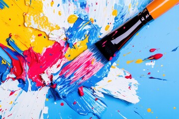 Obraz premium A vibrant array of colors splattered on canvas with a paintbrush, showcasing an artistic explosion of creativity.