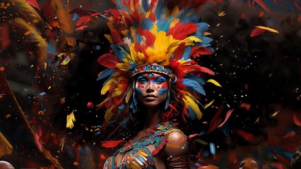Carnival entertainer from Notting Hill. Close-up of a young woman's face. Generate AI.