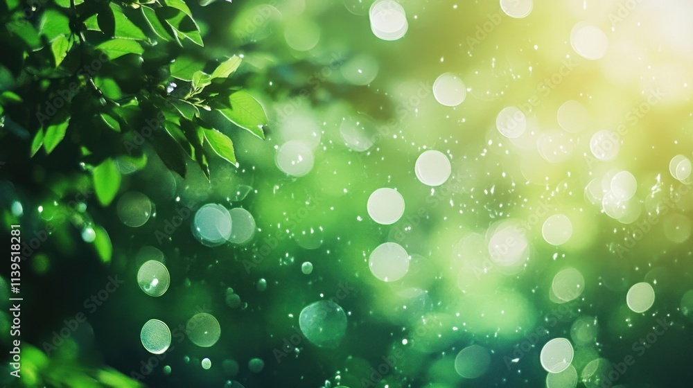 Poster a serene natural scene featuring green leaves and soft rain with bokeh effects.