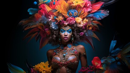 Carnival entertainer from Notting Hill. Close-up of a young woman's face. Generate AI.