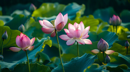 Obraz premium Lotus flowers with green leaves floating on a lake.