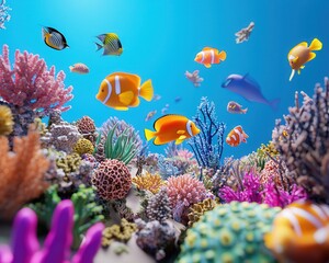 Naklejka premium A vibrant underwater scene featuring colorful tropical fish among coral in a sunlit ocean setting.
