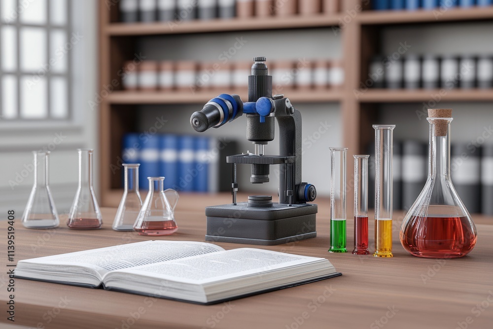 Aufkleber a close-up of a microscope surrounded by colorful glass flasks and an open book, symbolizing scienti