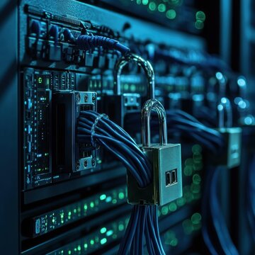 Close-up of secured network cables in a data center, illustrating robust cybersecurity measures.