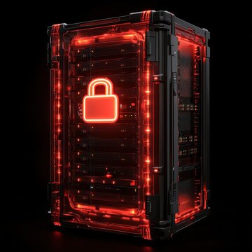 A sleek black server rack illuminated with red lights, featuring a glowing padlock symbol, representing cybersecurity.