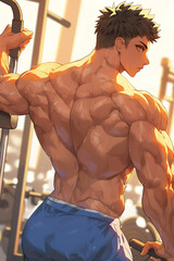 A muscular man showcasing his back in a gym setting, highlighting fitness and strength.