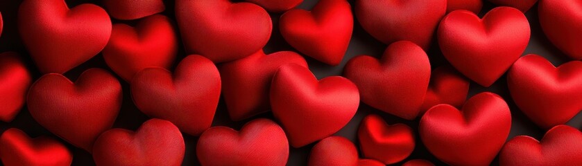 Obraz premium Red velvet hearts Valentine texture background concept. A vibrant collection of red hearts, symbolizing love and affection, arranged closely together against a dark background.